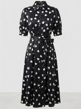 NWOT Kate Spade Black Heart Print Puff Sleeve Midi Shirtdress - 4 - Fabric Note!